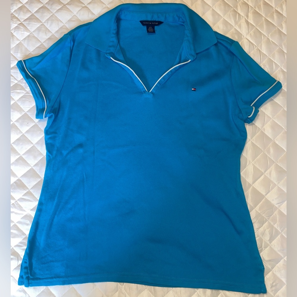 Tommy Hilfiger Collared Blue Top White Edges